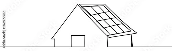 Obraz House with Solar Panels, minimalist ecological and environmental concept symbol, continuous line design, isolated on transparent background, vector illustration