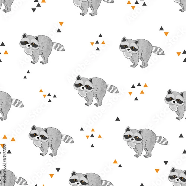 Fototapeta Seamless vector pattern with cute raccoons.