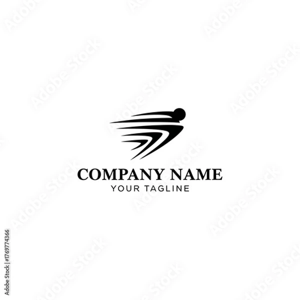 Fototapeta A modern, abstract black logo design featuring dynamic swoosh lines indicating speed and forward motion, with placeholder text for a company name and tagline.