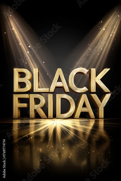 Fototapeta Minimalist Black Friday banner featuring glowing golden letters on a dark gradient background. Elegant, eye-catching composition suitable for digital campaigns and modern retail promotions