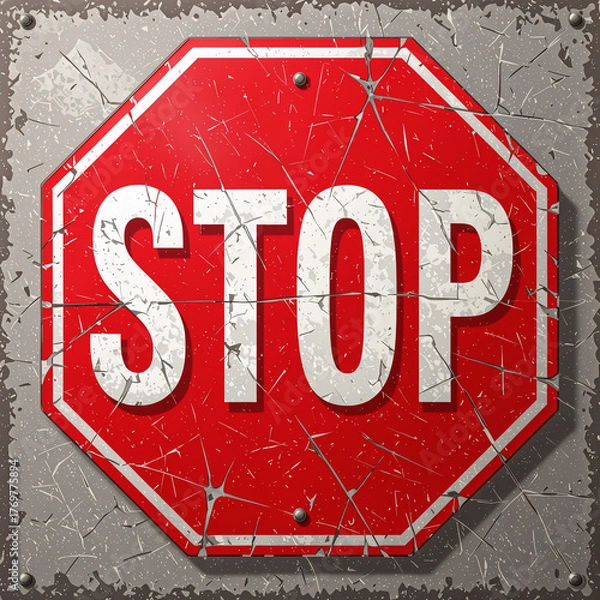 Obraz Weathered STOP sign with cracked surface, vintage style, metallic background, urban setting
