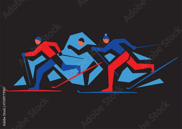 Fototapeta Cross Country Skiers,competition. Illustration of three cross-country ski competitors on black backgground. Vector available.
