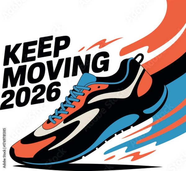 Fototapeta Running shoe illustration with keep moving 2026 text isolated on white background
