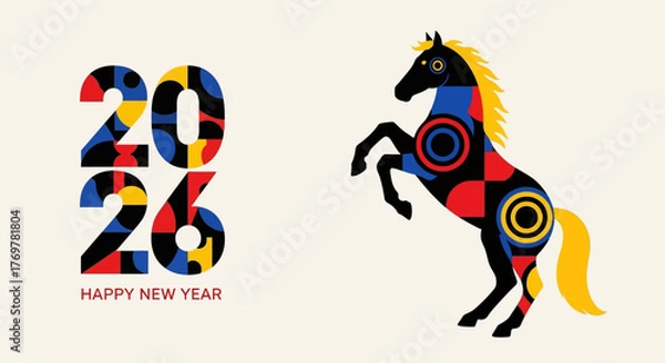 Fototapeta Happy New Year 2026 Geometric Horse and Festive Design for Celebrations and Greetings