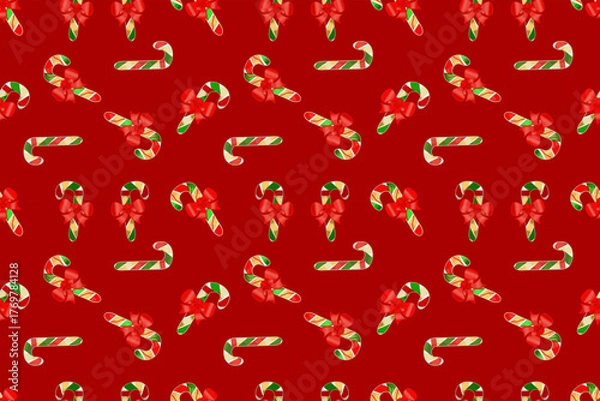 Fototapeta Christmas candy, New Year lollipop, sugar cane with bow, bright festive design, repeat pattern for design