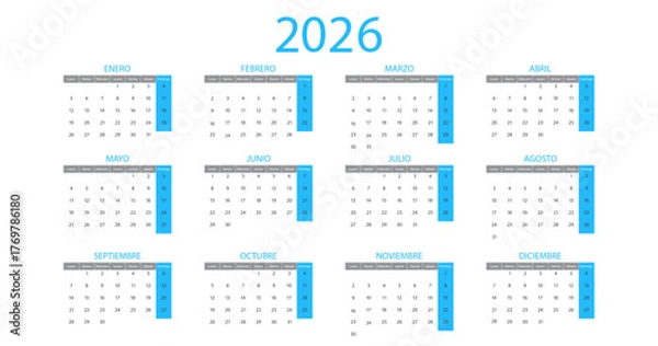 Obraz Spanish calendar 2026 year on background. Week starts on Monday. Vector illustration