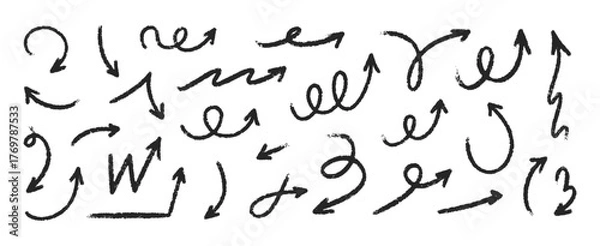 Fototapeta Hand drawn squiggly charcoal arrows set. Crayon scribble lines, swirls arrows, scrawls. Doodle black marker or chalk drawing. Direction pointers. Perfect for infographics, presentations, banners