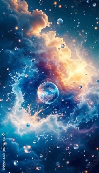 Fototapeta Abstract Vertical Cosmic Nebula Background with Bubbles and Lightning