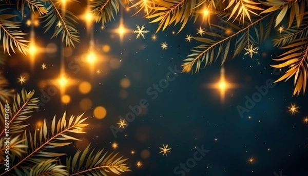 Fototapeta Festive Christmas or Holiday Background with Gold Leaves and Bokeh
