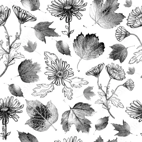Obraz Seamless Pattern with Chrysanthemum and Leaves