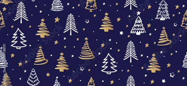 Fototapeta Christmas gold and white tree, pattern on blue background, Hand drawn illustrations.	

