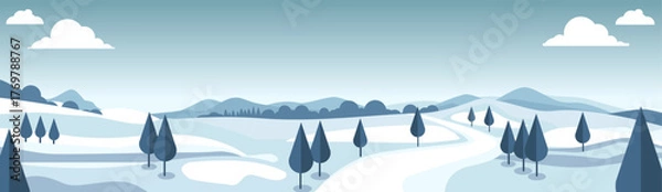 Fototapeta Snowy Hills with Winding Path – Minimalist Winter Landscape Illustration