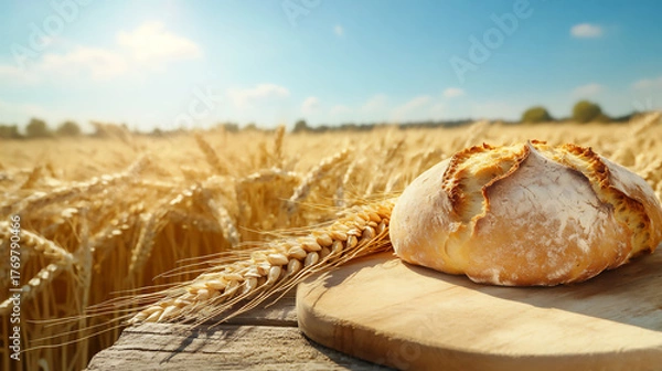 Fototapeta Freshly baked bread on a wooden board surrounded by golden wheat fields under a clear blue sky