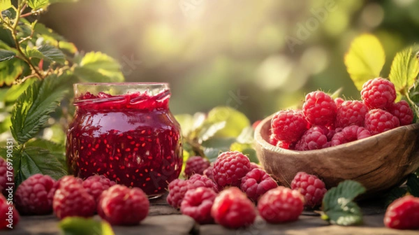 Fototapeta Pure raspberry jam sits in a glass jar beside fresh raspberries on a wooden table outdoors in warm sunlight