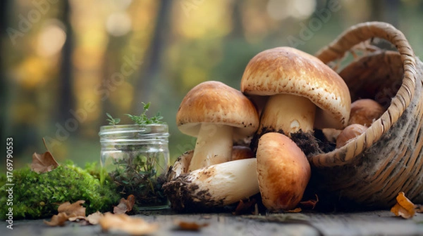 Fototapeta Freshly picked mushrooms in a basket set against a forest backdrop during autumn
