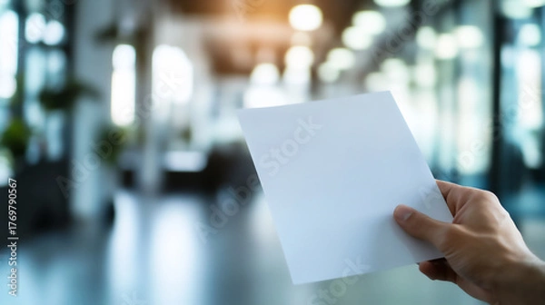 Fototapeta Hand holding a blank sheet of paper in a bright, modern office space during the day