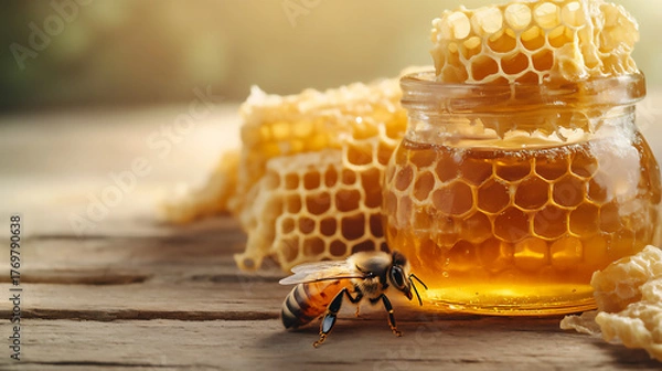 Fototapeta Bee collects nectar near honey jars and honeycomb on a wooden surface in warm sunlight