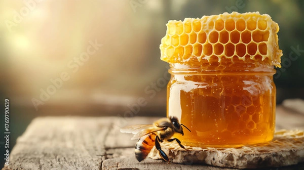 Fototapeta Fresh honey jar with bees and honeycomb on wooden surface in natural light setting