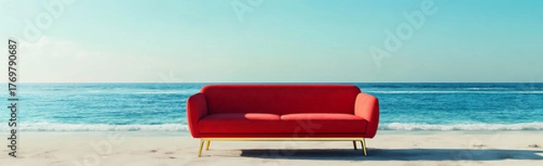 Fototapeta Bright red sofa on a beach with calm blue ocean and clear sky during daytime