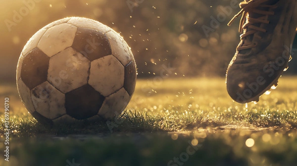 Fototapeta Soccer player kicks ball on a wet field during sunset, capturing the action and excitement of the game