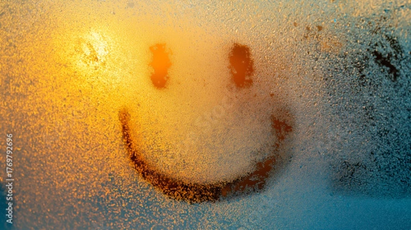 Obraz Frosted window with a drawn smiley face letting sunlight in, symbol of optimism and joy