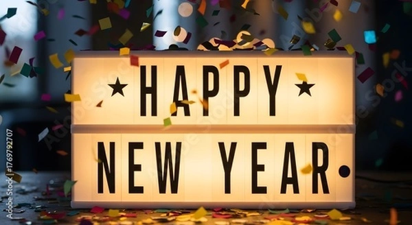 Fototapeta Illuminated sign wishing a happy new year with confetti falling
