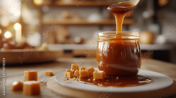 Fototapeta Warm caramel sauce pouring from a spoon into a jar with chocolate cubes on a wooden table in a cozy kitchen setting