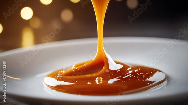 Fototapeta Rich caramel sauce drizzling onto a white plate, creating a glossy and inviting texture