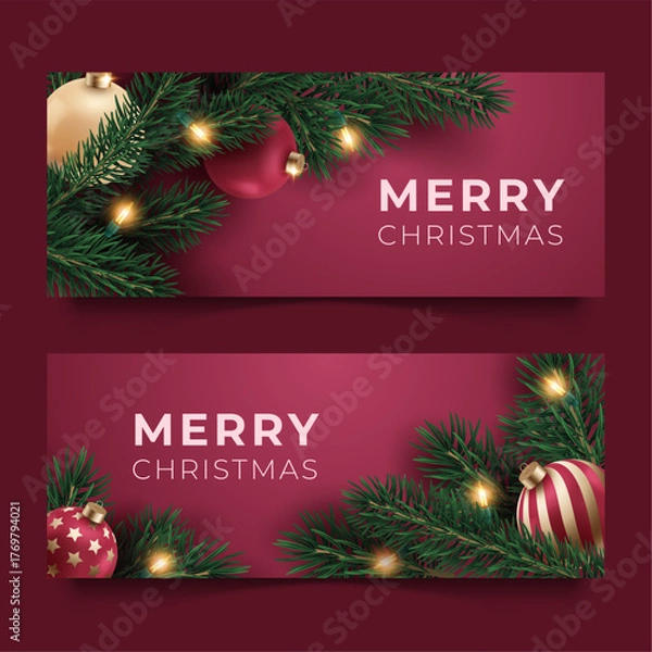 Obraz Two horizontal Christmas banners with fir branches, baubles and lights on pink background