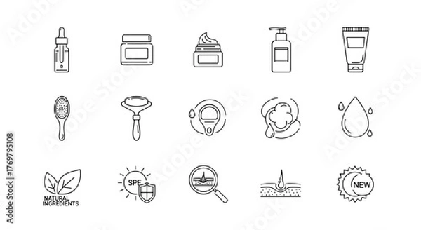 Fototapeta A collection of minimalistic linear pictograms representing skincare products and concepts, including serum bottles, jars, creams, lotions, face rollers, brushes, SPF protection, natural ingredients