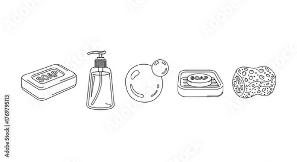 Fototapeta Minimalistic thin outline icons of soap bar, liquid soap dispenser, bubbles, and sponge on a black background, perfect for web design, graphic design, apps, banners, social networks, cards, and