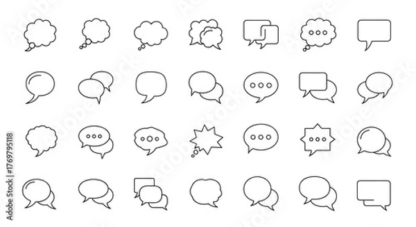Fototapeta A comprehensive collection of minimalistic linear speech bubble icons, perfect for web and graphic design, apps, banners, social networks, and cards, presented as vector cartoon elements for