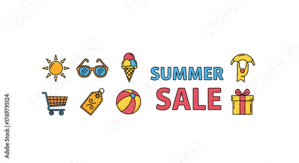 Fototapeta Summer Sale Banner Design: A vibrant vector cartoon illustration featuring a collection of summer-themed icons including a sun, sunglasses, ice cream, shopping cart, discount tag, beach ball, gift