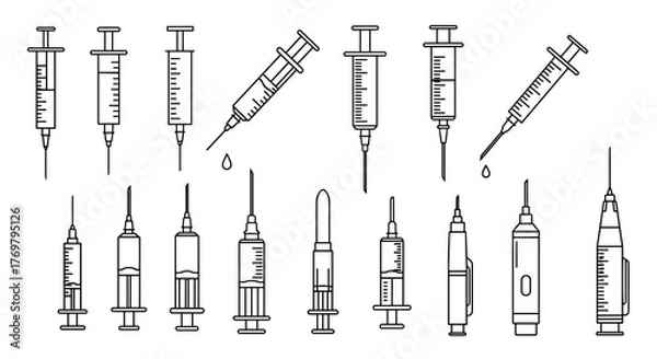 Fototapeta Collection of simple linear outline syringes and needles, editable stroke, perfect for websites, books, cards, apps, vector cartoon illustration, medical, healthcare, science, and research themes