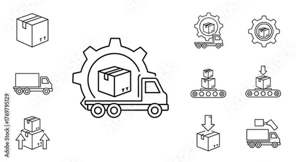 Fototapeta Thin line icon set representing logistics and delivery services, featuring a truck with a box inside a gear, individual boxes, and robotic arms handling packages, all on a clean white background