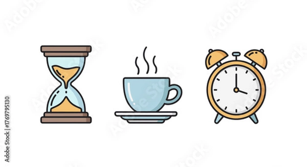 Fototapeta A trio of simple linear illustrations on a black background, featuring an hourglass symbolizing time passing, a steaming cup of coffee representing a break, and an alarm clock indicating punctuality
