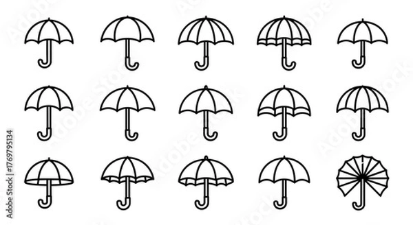 Fototapeta Set of 16 outline umbrella icons, parasol, bumbershoot, sign for graphics, designs, books, adverts, apps, vector cartoon illustration on a white background, ordered in a grid for easy use and visual