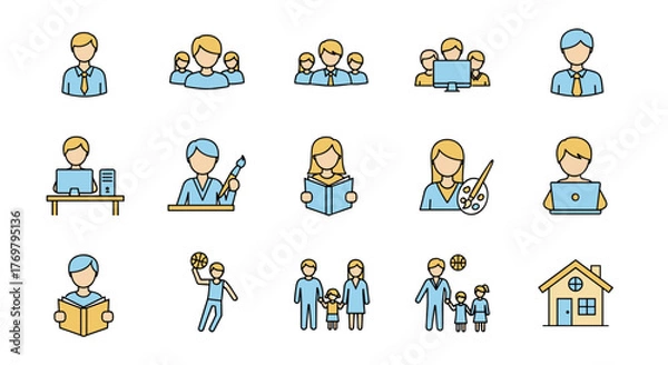 Fototapeta Vibrant and diverse set of outline icons representing various user-related activities and concepts, including professional staff, group dynamics, individual work, creative hobbies, family structures
