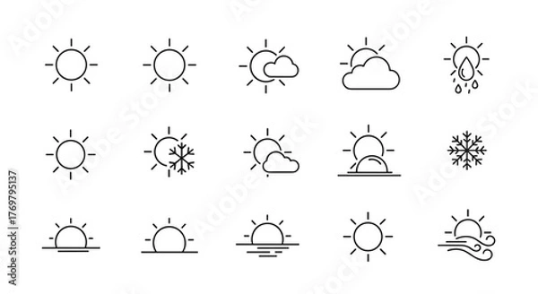 Fototapeta Collection of simple linear outline icons representing various weather conditions and natural phenomena, including sun, clouds, rain, snow, sunrise, sunset, and wind, perfect for digital and print