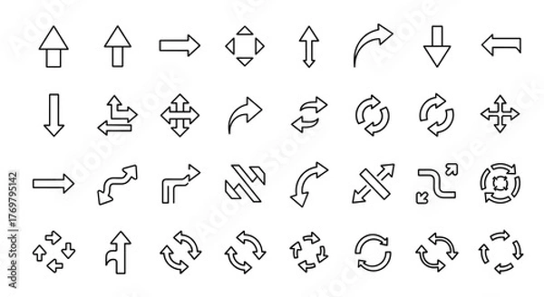 Fototapeta Diverse collection of outline arrow icons, perfect for graphic and web design, apps, advertisements, and various cards. This vector cartoon illustration features a white background, offering