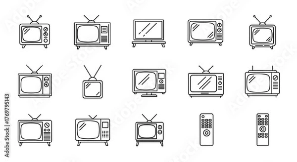 Fototapeta Minimalistic linear icon set of televisions, editable stroke, featuring various television designs from retro to modern, perfect for digital interfaces, app design, website banners, social media