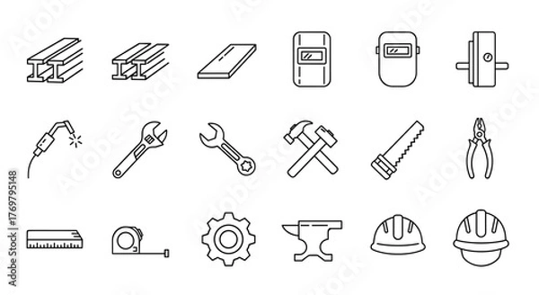Fototapeta A comprehensive set of clean, editable line icons representing steel and metalworking, featuring essential tools and materials like I-beams, metal sheets, welding equipment, wrenches, hammers, saws