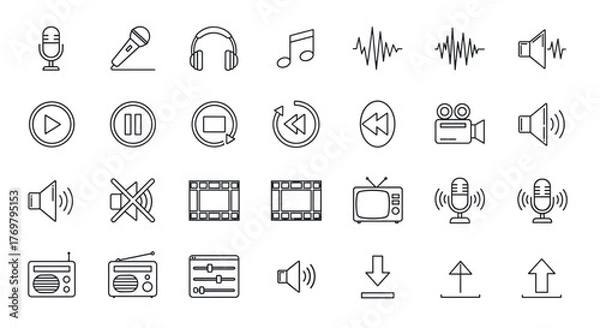 Fototapeta Collection of audio and video web icons in a clean line style, perfect for web and mobile applications, featuring elements like microphones, headphones, musical notes, sound waves, play and pause