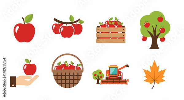 Fototapeta Vibrant flat icon set showcasing the apple orchard harvest during autumn, featuring individual apples, apples on branches, a wooden crate full of apples, a mature apple tree laden with fruit, a hand