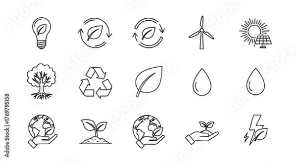 Fototapeta Eco symbols, energy, sustainability, wind, solar, recycling, nature icons. Ordered line icon set on white background. A collection of clean, modern, and minimalist vector graphics representing