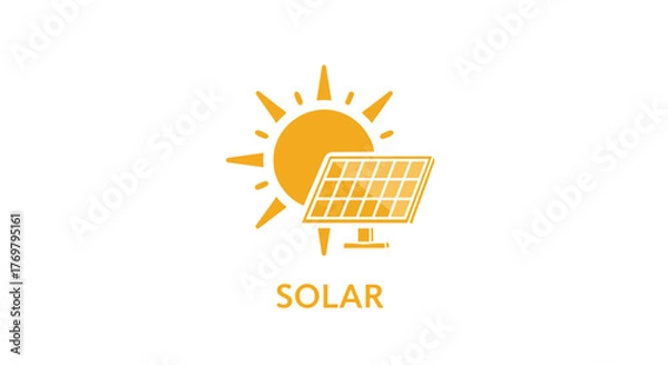 Fototapeta Bright yellow sun and solar panel illustration on a black background, symbolizing clean energy and sustainability. This graphic represents renewable power sources, environmental consciousness, and