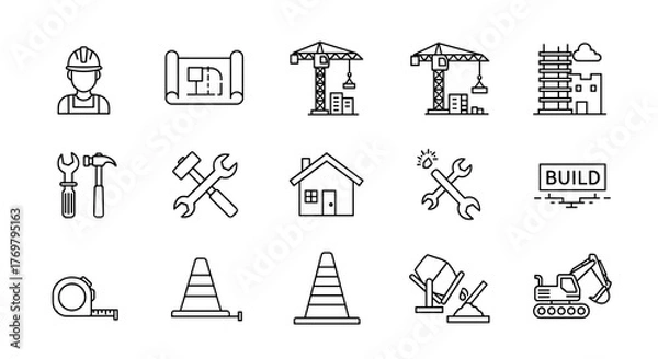 Fototapeta Construction thin line icons set featuring a builder, blueprint, cranes, tools, house, repair elements, and a concrete mixer, symbolizing the building industry and renovation processes with editable
