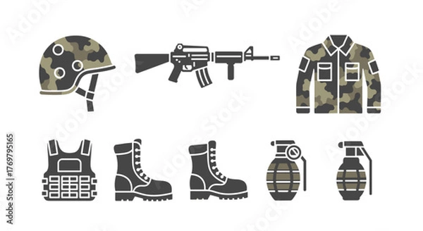 Fototapeta Flat design icons of military combat gear, including a camouflage helmet, assault rifle, uniform jacket, tactical vest, combat boots, and grenades, presented in a clean, solid, and filled style on a