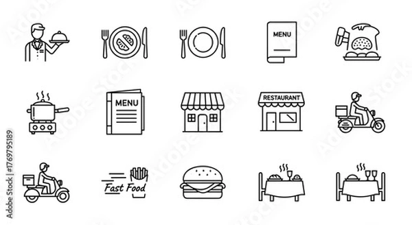 Fototapeta Restaurant icon set, a collection of minimalist line art symbols representing various aspects of the food service industry, including a server, a plated meal, cooking, a menu, restaurant storefronts
