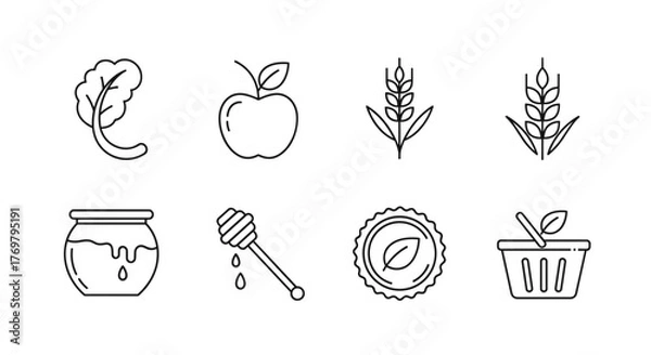 Fototapeta A collection of clean, minimalist line icons representing organic food and natural products, featuring a leafy green, a ripe apple, wheat stalks, a jar of honey with a dipper, a circular emblem with